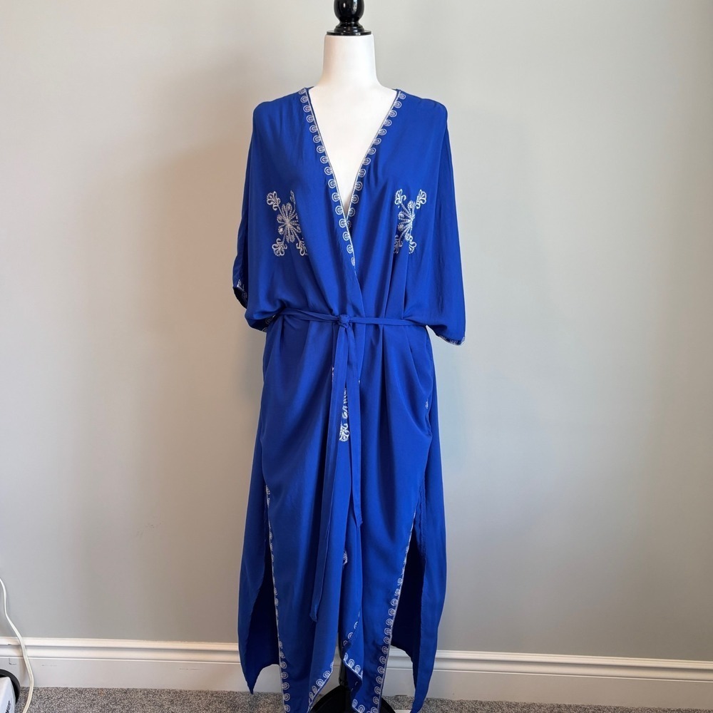 Embroidered Kimono Robe Blue Rayon Caftan Lounge Cover Up Boho One Size